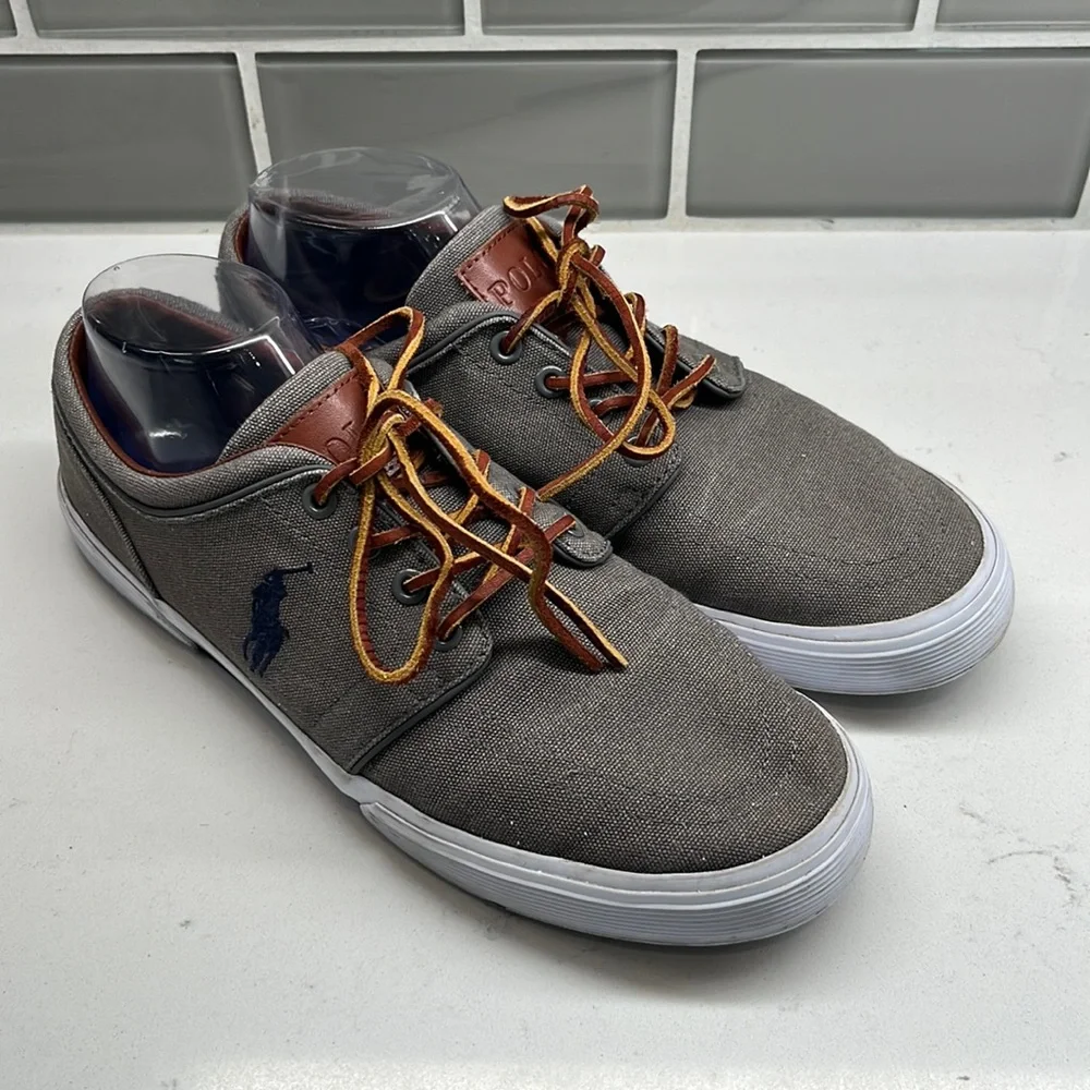 Polo‎ Ralph Lauren Faxon Low Gray Canvas Sneaker Mens Sz 9.5D Blue Pony